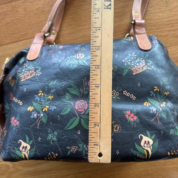 Vintage Brahmin Floral Leather Shoulder Bag Black Brown Double Strap Medallion - Picture 8 of 11